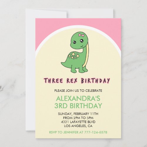 Three rex birthday invitation girl dinosaur 3rd
