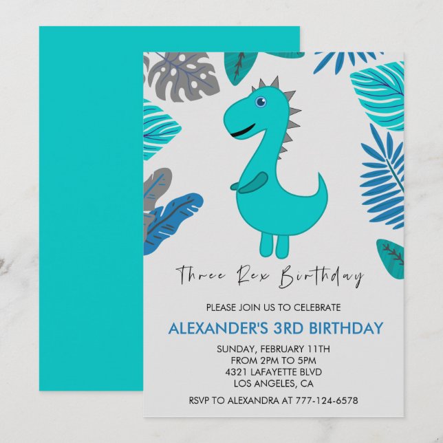 Three rex birthday invitation tyrannosaurus third (Front/Back)