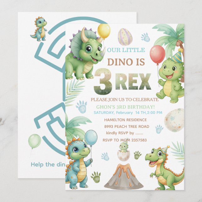 Three-Rex Birthday Invitation with Maze Invitation (Front/Back)