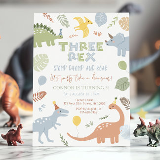 Three Rex Blue Boy Dinosaur Birthday Invitation