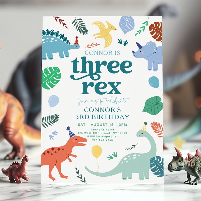 Three Rex Blue Boy Dinosaur Boho 3rd Birthday Invitation (Creator Uploaded)