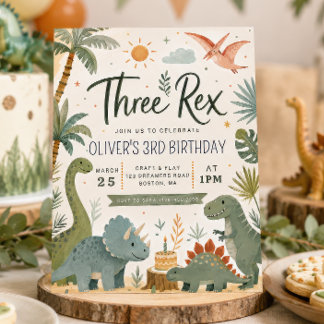 Three Rex Boys Dinosaur Birthday Invitation
