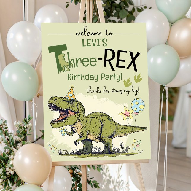 Three-Rex Cute Dinosaur 3rd Birthday Party Welcome Poster (Funny Three-Rex Cute T Rex Dinosaur 3rd Birthday Party Welcome Poster Sign, personalized, digital)