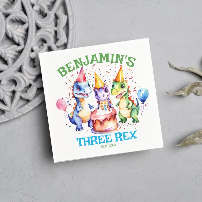 Three rex cute dinosaurs birthday tableware napkins (Dinosaur three rex birthday party tableware personalized napkins cute colorful dinosaurs with cake)