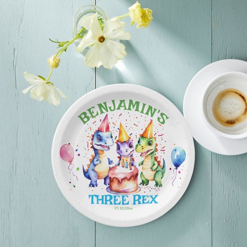 Three rex cute dinosaurs birthday tableware paper plates