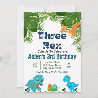 Three Rex Dino Birthday Party Invitation