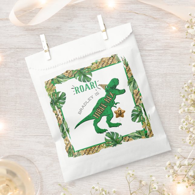 Three-Rex Dinosaur 3rd Birthday Favor Bag (Clipped)