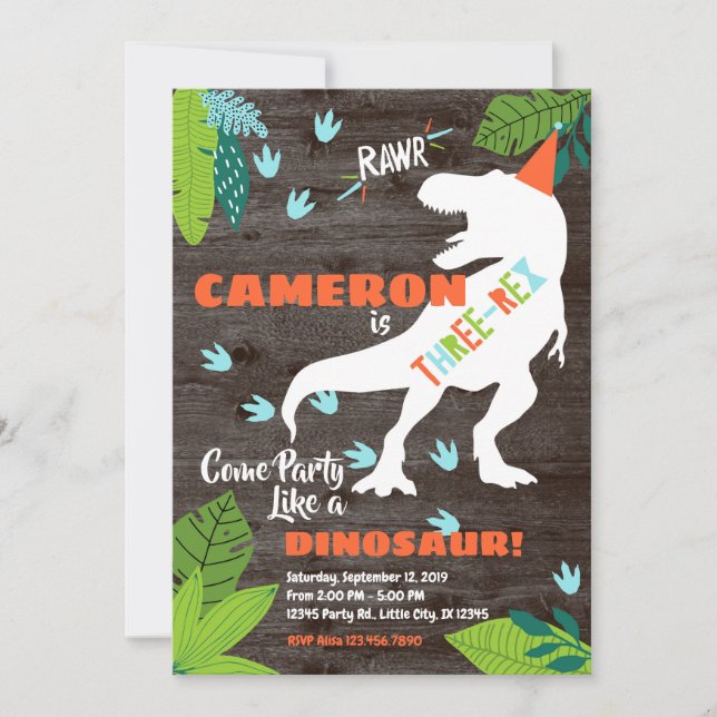 Three-rex Dinosaur 3rd Birthday invitation (Front)