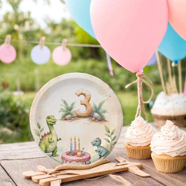 Three-Rex Dinosaur 3rd Birthday Paper Plates  (Creator Uploaded)