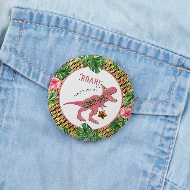 Three-Rex Dinosaur 3rd Birthday Party Favor Button (Creator Uploaded)