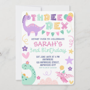 Three Rex Dinosaur 3rd Birthday Party Invitation 
