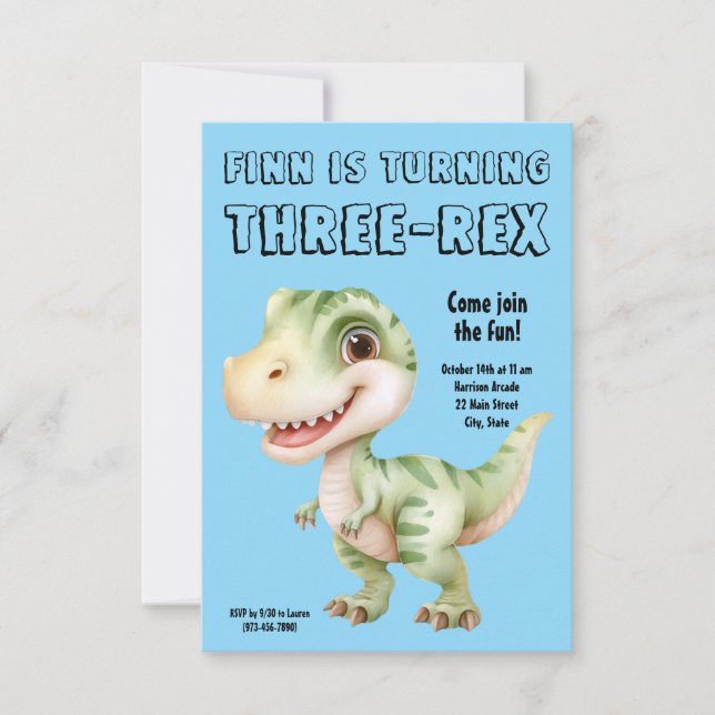 Three-Rex Dinosaur 3rd Birthday Party Invitation (Front)