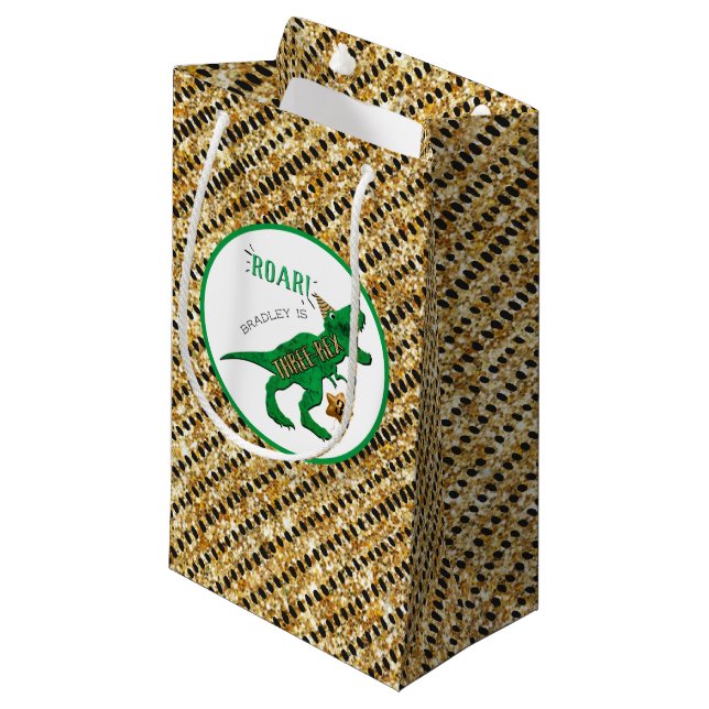 Three-Rex Dinosaur 3rd Birthday Party Small Gift Bag (Front Angled)