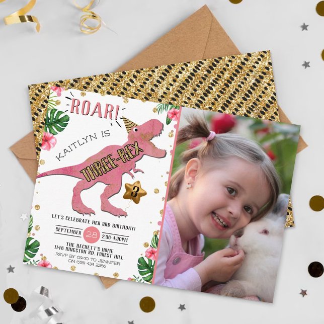Three-Rex Dinosaur 3rd Birthday Photo Invitation (Creator Uploaded)