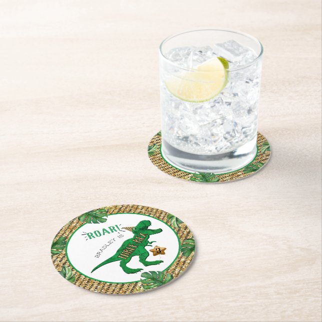 Three-Rex Dinosaur 3rd Birthday Round Paper Coaster (Insitu)