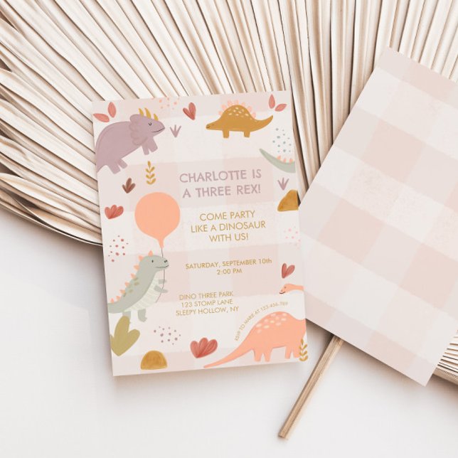 Three Rex Dinosaur 3rd Girl Birthday Invitation (Creator Uploaded)