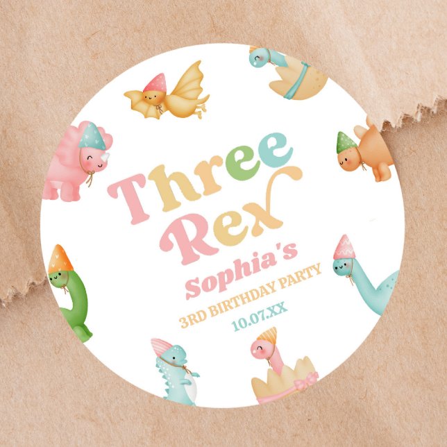 Three Rex Dinosaur 3rd Third Birthday Party Classic Round Sticker (Creator Uploaded)