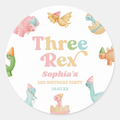 Three Rex Dinosaur 3rd Third Birthday Party Classic Round Sticker