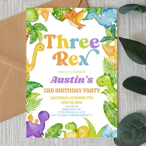 Three Rex Dinosaur 3rd Third Birthday Party Invitation