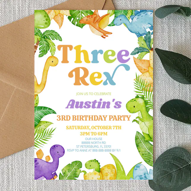 Three Rex Dinosaur 3rd Third Birthday Party Invitation | Zazzle