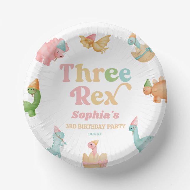 Three Rex Dinosaur 3rd Third Birthday Party Paper Bowls (Front)