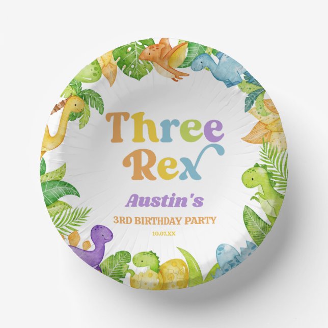 Three Rex Dinosaur 3rd Third Birthday Party Paper Bowls (Front)