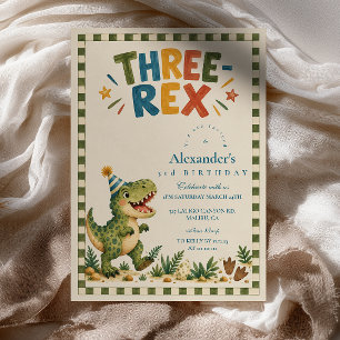 Three Rex Dinosaur Birthday Green Checkered Invitation