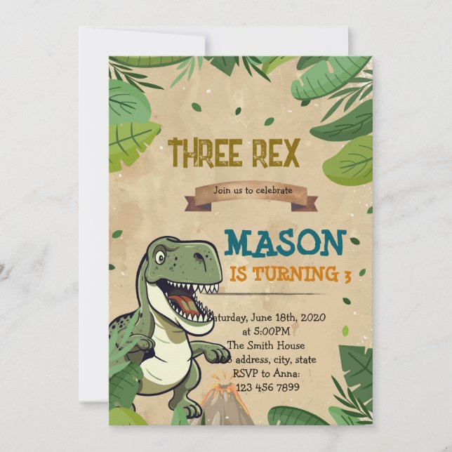 THREE REX dinosaur birthday invitation (Front)