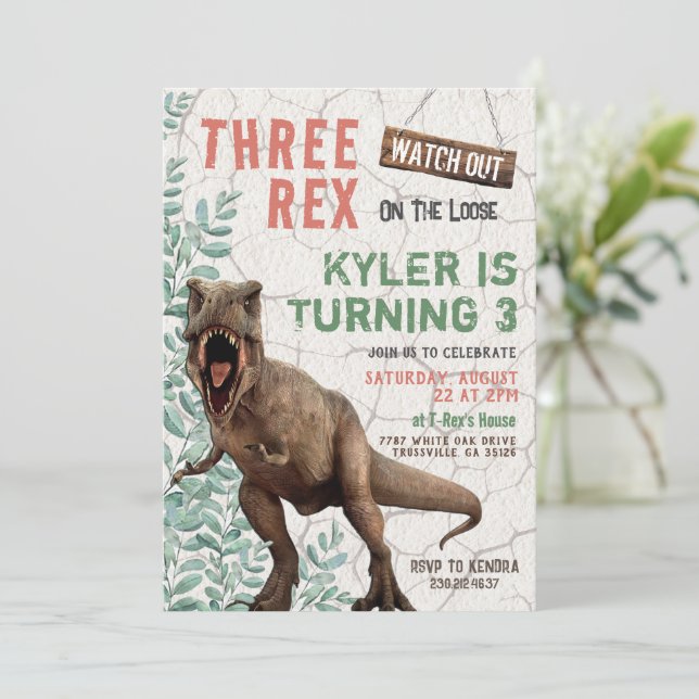 Three Rex Dinosaur Birthday Invitation (Standing Front)