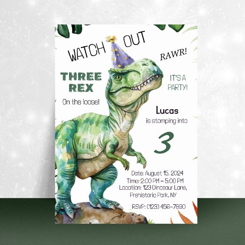 Three Rex Dinosaur Birthday Invitation