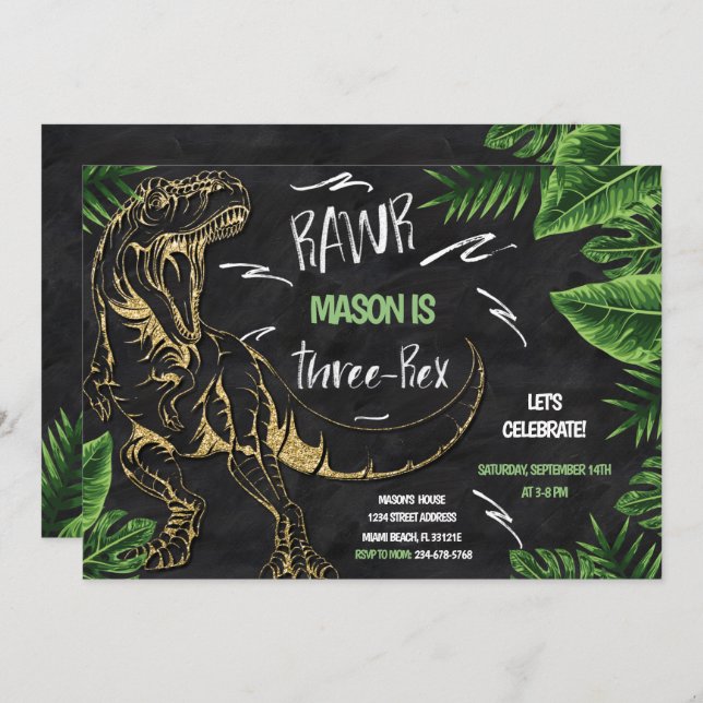 Three-Rex Dinosaur Birthday Invitation (Front/Back)