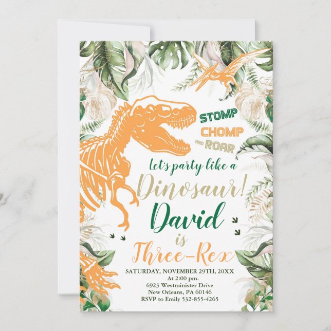 Three-Rex Dinosaur Birthday invitation, Dino T-Rex Invitation (Front)