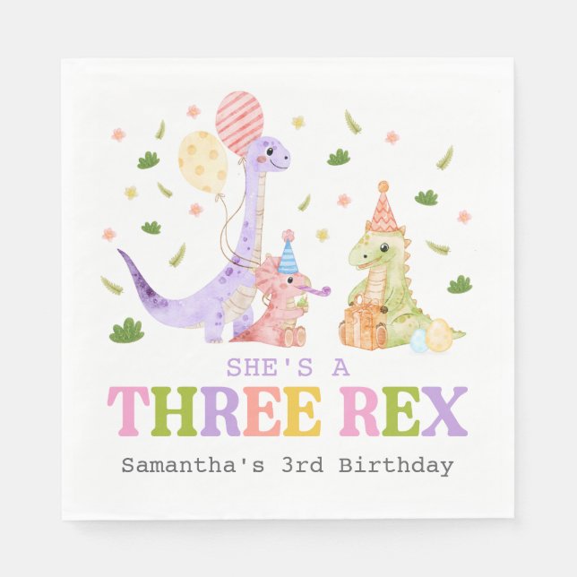 Three Rex Dinosaur Birthday Napkins (Front)
