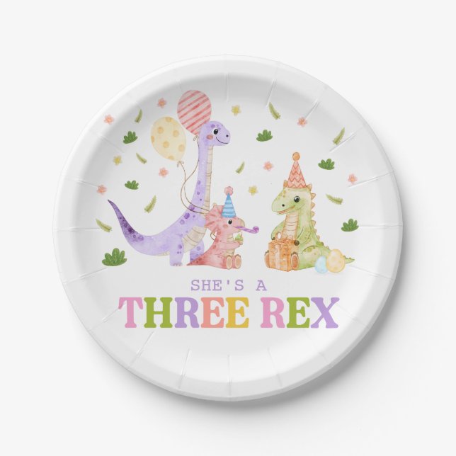 Three Rex Dinosaur Birthday Paper Plates (Front)