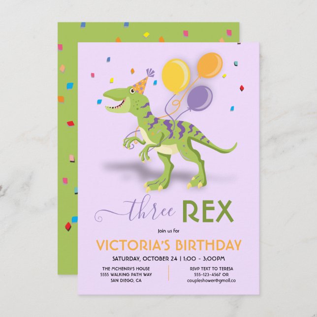 Three Rex Dinosaur Birthday Party Invitation (Front/Back)