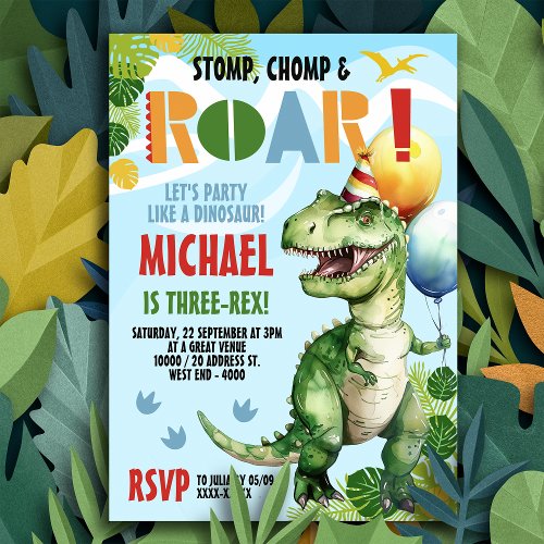 Three_Rex Dinosaur Birthday Party Invitation