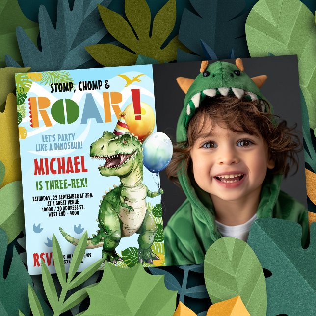 Three-Rex Dinosaur Birthday Party Photo Invitation (Stomp, chomp and roar!  You will party like a dinosaur with our Three-rex invitation!)