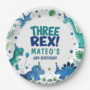 Three Rex Dinosaur Blue 3rd Birthday Paper Plates