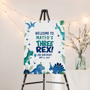 Three Rex Dinosaur Blue 3rd Birthday Welcome Sign