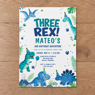 Three Rex Dinosaur Blue Watercolor 3rd Birthday Invitation