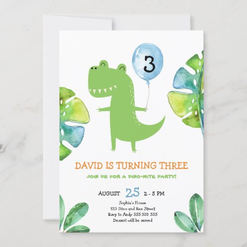 Three Rex Dinosaur Boy 3rd Birthday Party Invitation