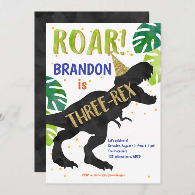 Three-rex, Dinosaur, Boy, Third Birthday Invitation (Front/Back)