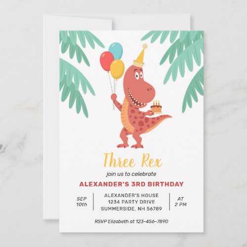 Three Rex Dinosaur Cake Balloon 3rd Birthday Party Invitation