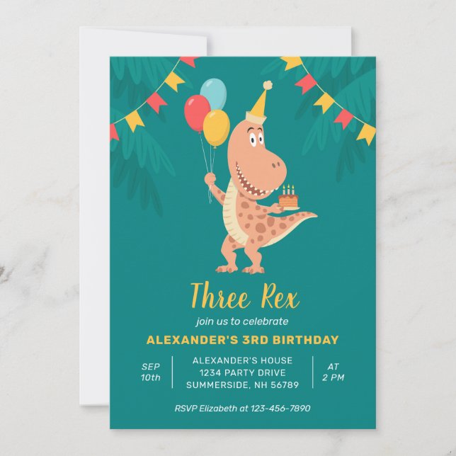 Three Rex Dinosaur Cake Balloon 3rd Birthday Party Invitation (Front)