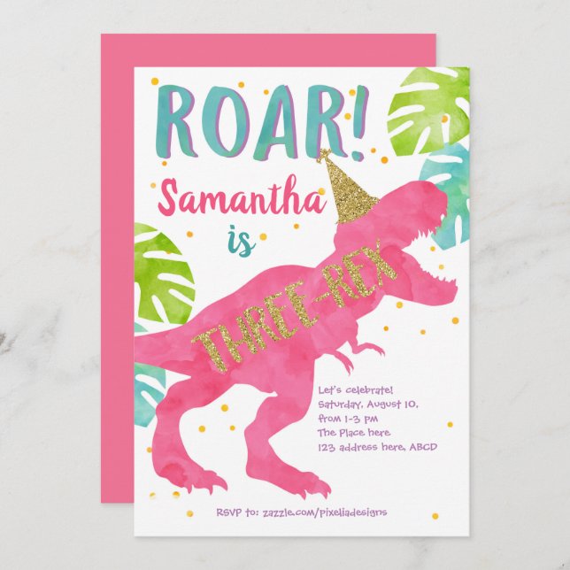 Three-rex, Dinosaur, Girl, Third Birthday Invitation (Front/Back)