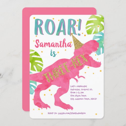 Three_rex Dinosaur Girl Third Birthday Invitation