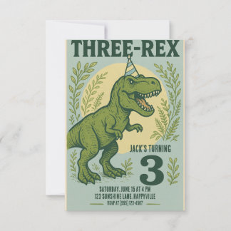 Three Rex Dinosaur Greenery Birthday Invitation
