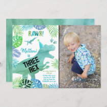 Three Rex Dinosaur Greenery Birthday Invitation