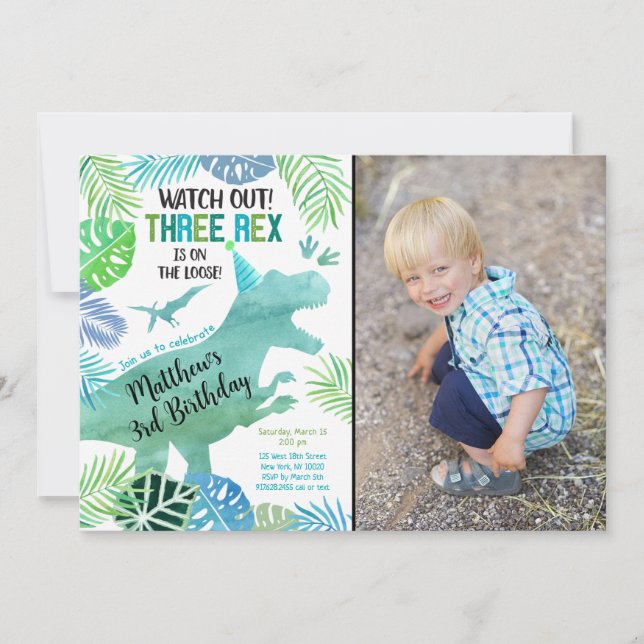 Three Rex Dinosaur Greenery Birthday Invitation (Front)