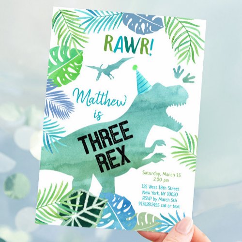 Three Rex Dinosaur Greenery Birthday Invitation